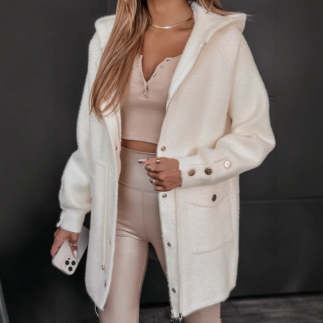 Women's Clothing Fashion Drawstring Belt Metal Buckle Zipper Hooded Woolen Coat