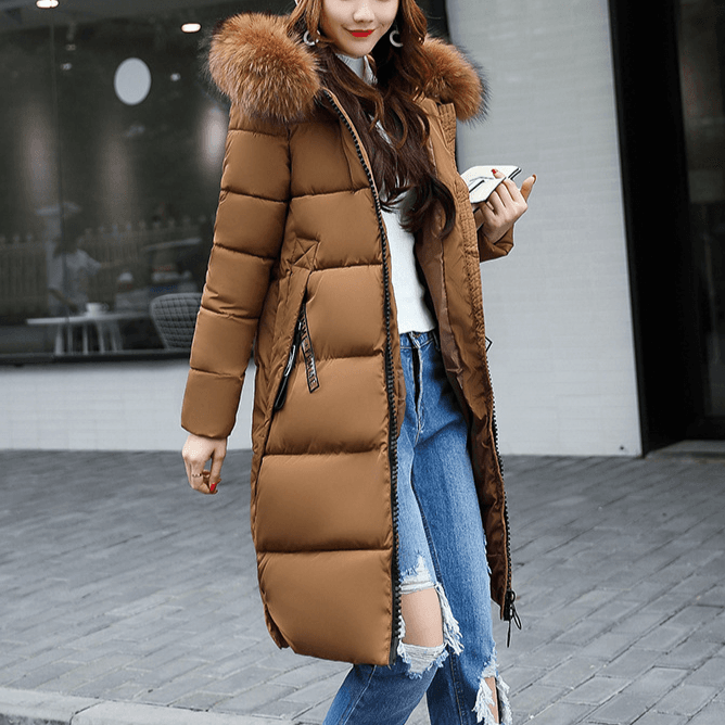 Women's Clothing Color Big Hair Collar Long Cotton-Padded Jacket Fashion Slim Cotton-Padded Jacket