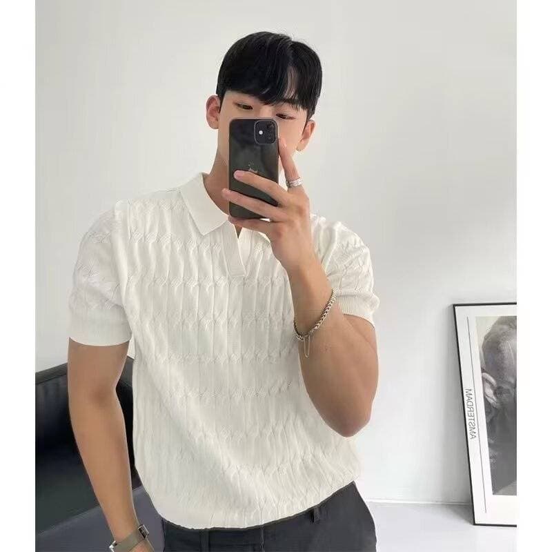 Men's Clothing Summer Men's Knitted Short Sleeved Polo Shirt Slim Pure Color Ice Silk Lapel T Shirt