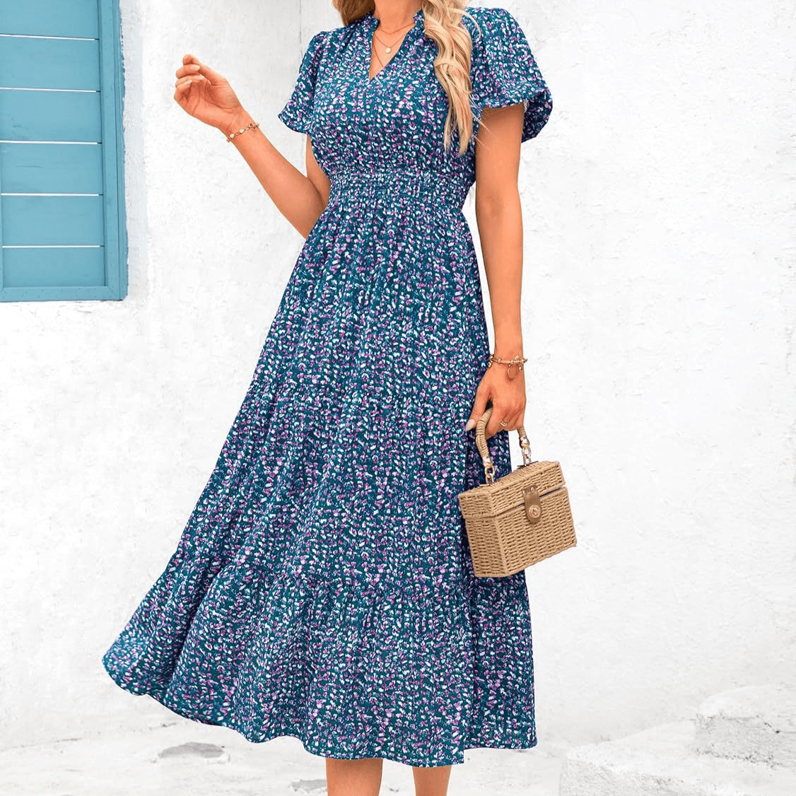 Women's Clothing V Neck Bubble Pleated Print Short Sleeved Pocket Dress