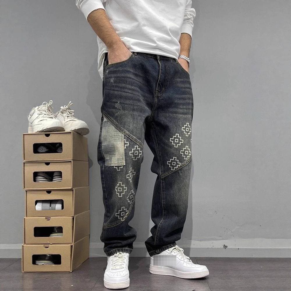 Subculture Jeans – Patchwork Denim With Street Art Prints (28-36, Indigo Blue, Slim Tapered Fit)