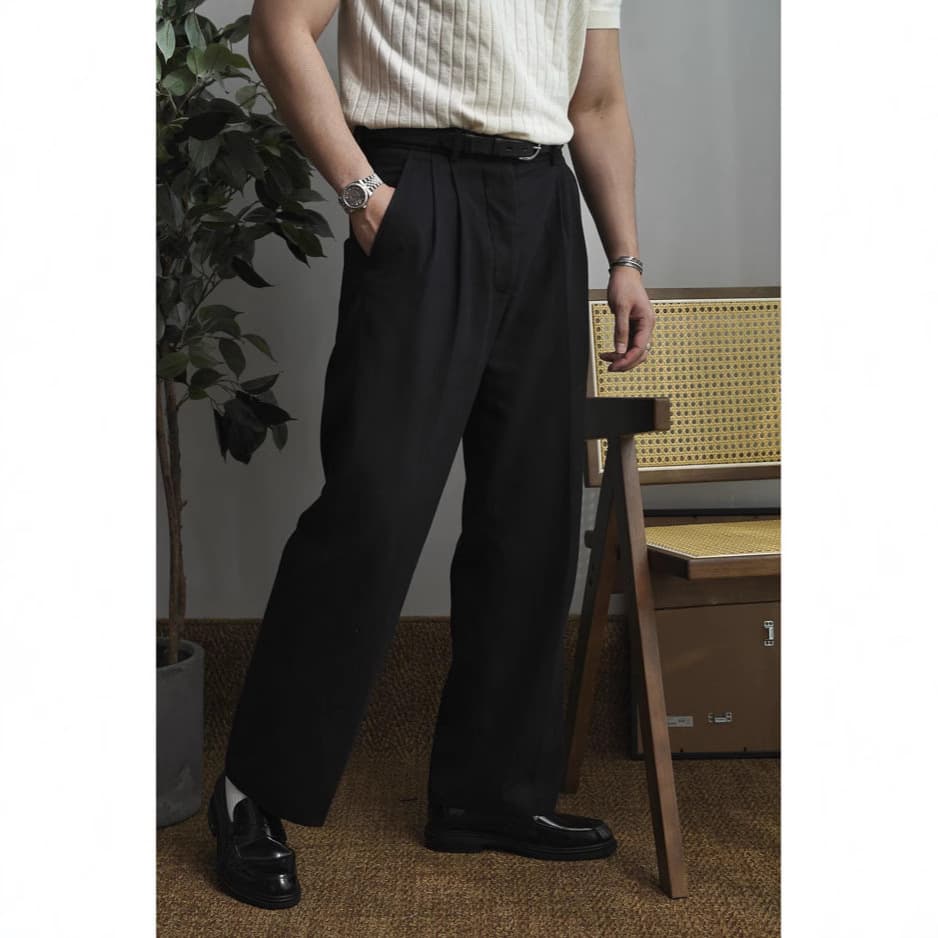 European Tough Guy Men's Pants Loose Straight Pants American Ironing Line Double Pleated Tooling Casual Suit Pants Business Commute