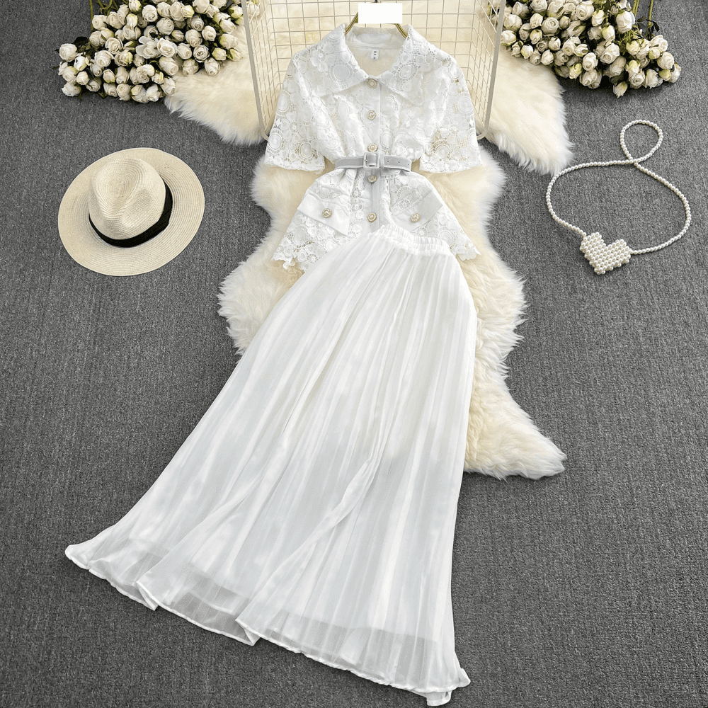 Women's fashion single breasted lace shirt two-piece set high waist a line pleated skirt