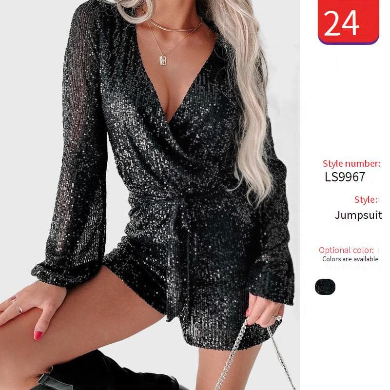 Elegant Sequin Long Sleeve Dress With Shorts - Chic Party Wear For Women, Comfortable Stretch Fabric, Versatile Occasion Outfit