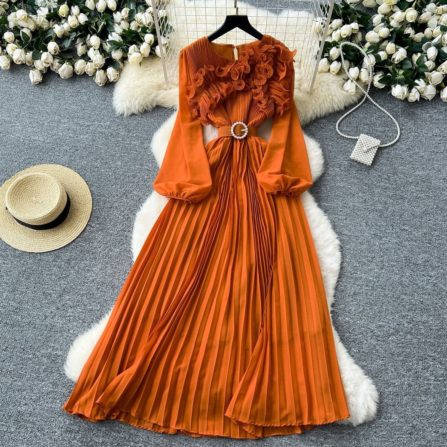 Women's Clothing Women's Ruffled V Neck Dress Long Sleeved Midi Skirt Sophisticated Mature Style Chic Beautiful Cross Border Summer Clothing