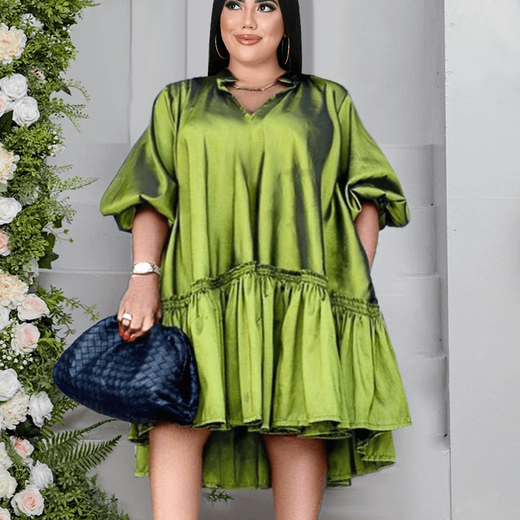Short-sleeved Plus Size Fat Girl Plus 4XL Stand-up Collar Loose Women's Dress Big Swing Skirt Loose Dress