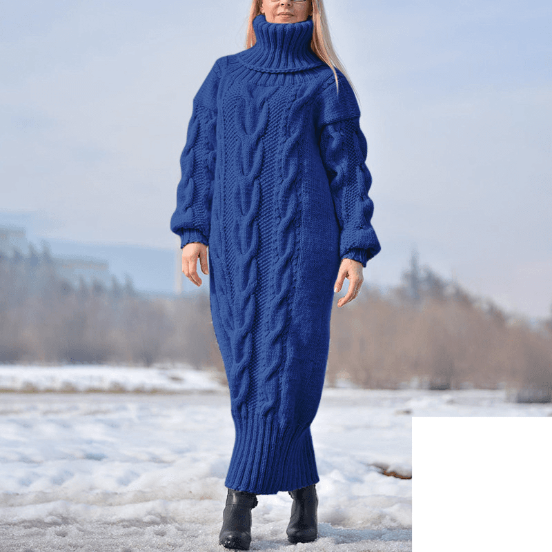 Women's Clothing autumn and winter solid color turtleneck pullover cable loose knitted sweater temperament long skirt sweater for women