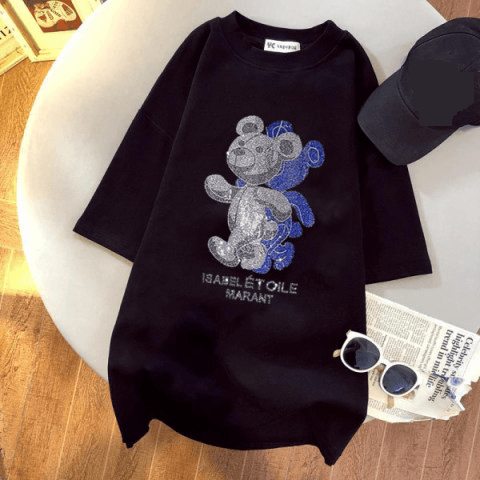 Women’s Clothing Black And White Hot Diamond Combed Cotton Bear T Shirt Women's Summer New Short Sleeved Mid Length Top