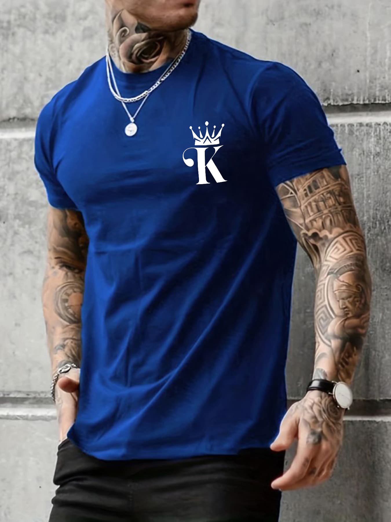 100% Pure Cotton Men's Spring And Autumn Fashion Short Sleeved T-shirt KING Letter Printed Casual Slim Fit Versatile Top