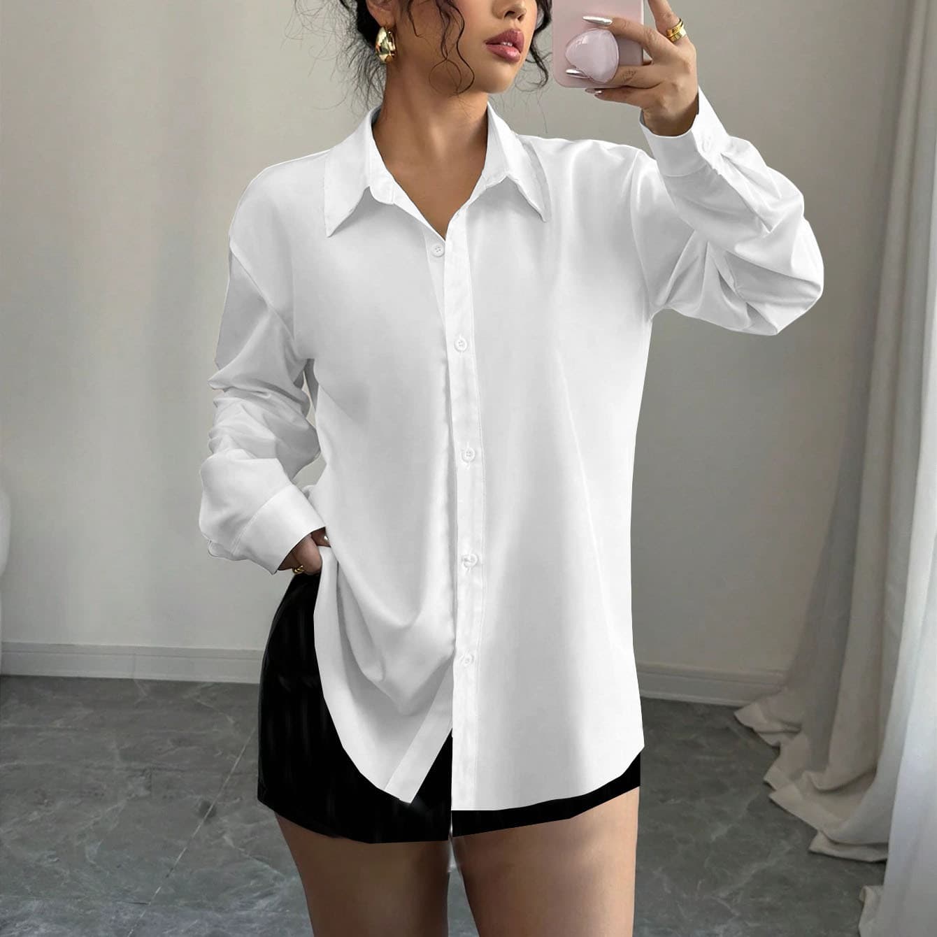 Women's Clothing Casual Elegant Blouse Relaxed Fit Button Down Shirt With Flowy Sleeves Soft Polyester Blend For Office Weekend Wear