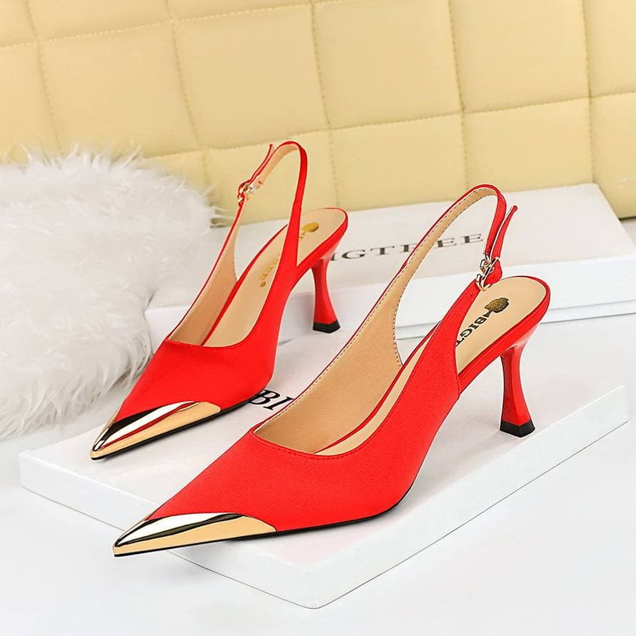 Banquet women's shoes stiletto high heel shallow metal pointed toe satin hollow back trip shoes