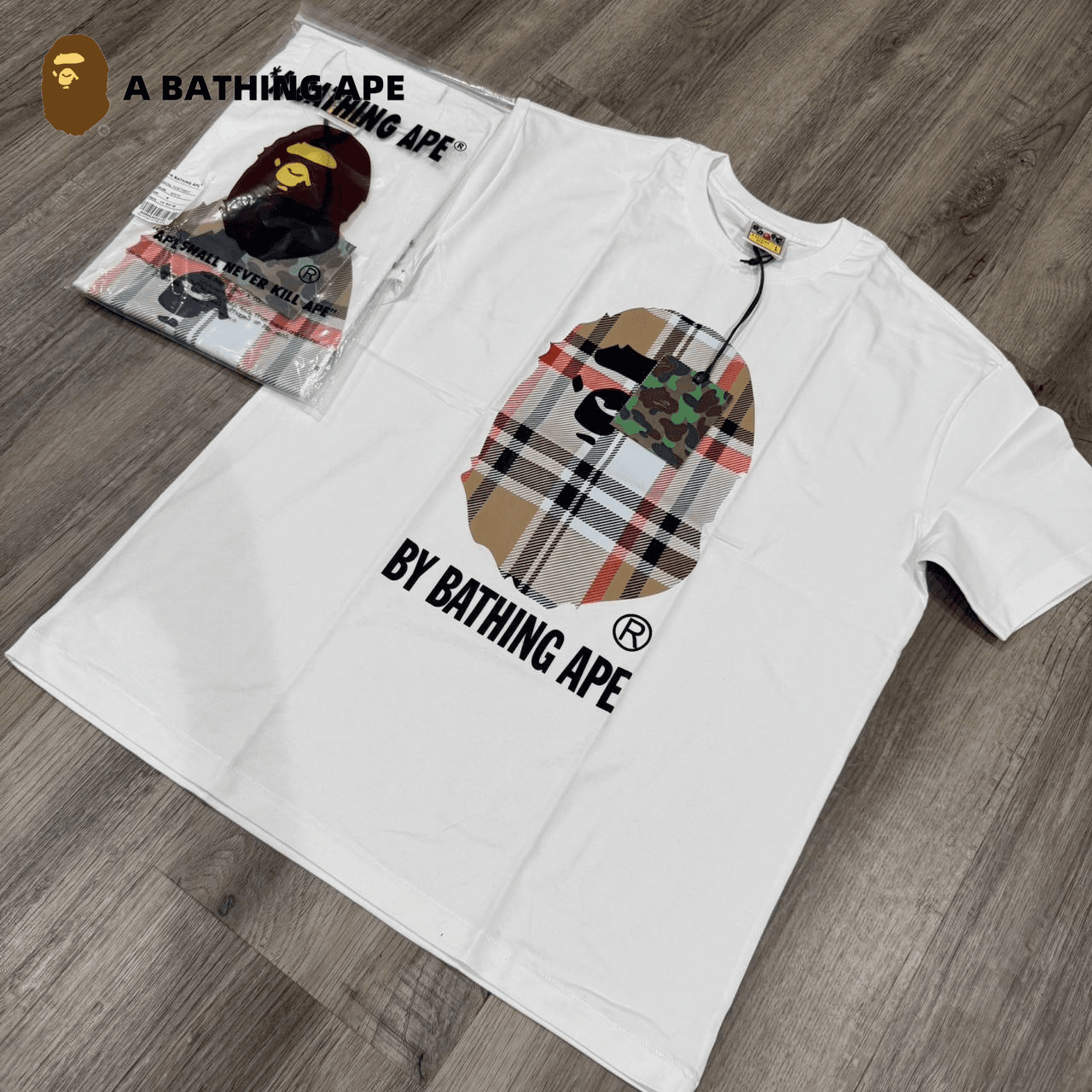 A BATHING APE BAPE&BB Checkered Striped Monkey Head Letter Print High-Quality Pure Cotton Short Sleeved Unisex-9