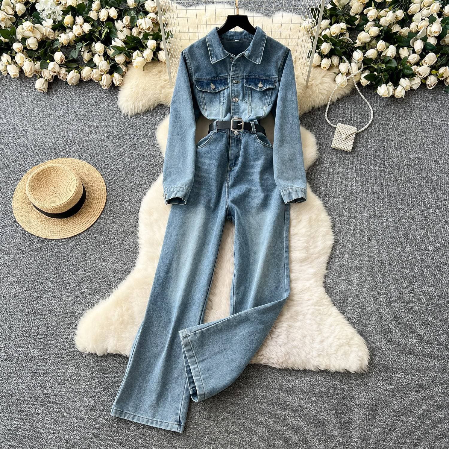 Women's Clothing Vintage Chic High-Waisted Denim Jumpsuit For Women - Long Sleeve Wide-Leg Romper With Polo Collar, Casual & Elegant Office Wear