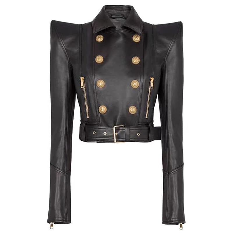 Fashionable Short Biker Jacket With Stand Collar & Double Breasted Buttons - Slim Fit Leather Jacket For Women, Autumn New Arrival