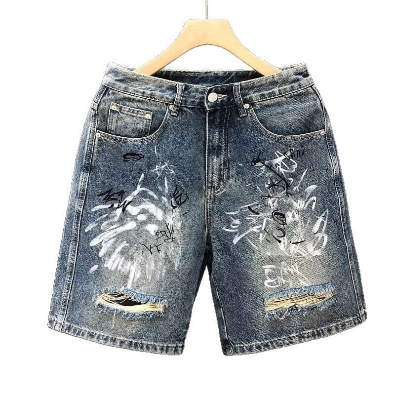 Men's Clothing Street Style Painted Graffiti Denim Shorts Heavyweight Trendy Handsome Scratched Hole Washed Shorts