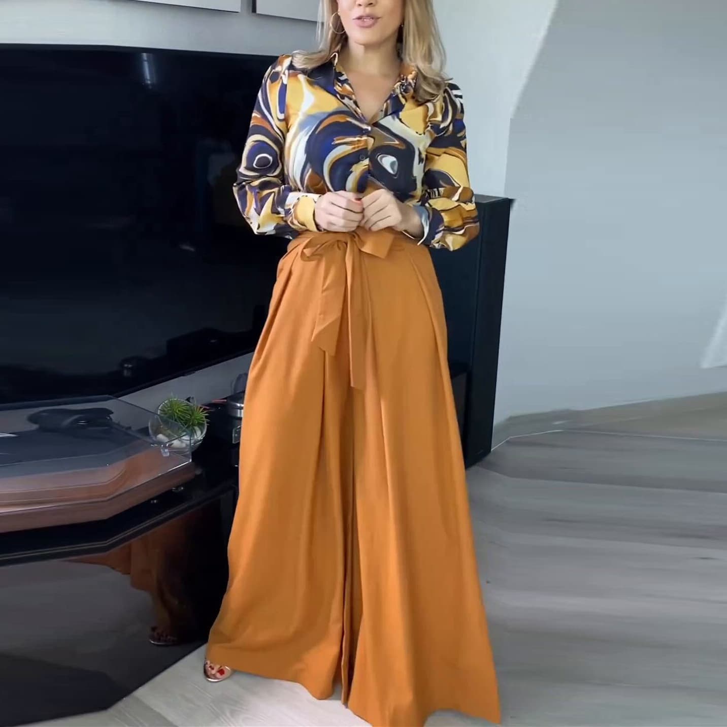 Women's Clothing spring new women's commuter long sleeved shirt high waisted wide leg pants suit