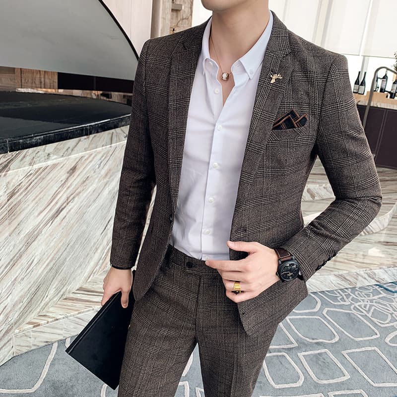 Men's casual suits Korean style fashion plaid suit two-piece British style slim suit suit for men