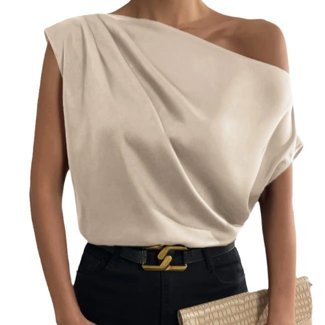 Women's Clothing Spring Solid Color Satin Silk Irregular Oblique Shoulder One Shoulder Pullover Sleeveless Shirt Female