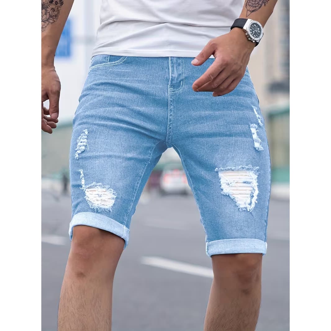 Men's Retro High Street Denim Shorts Trendy Tight Stretch Casual Ripped Jeans Style Fashion