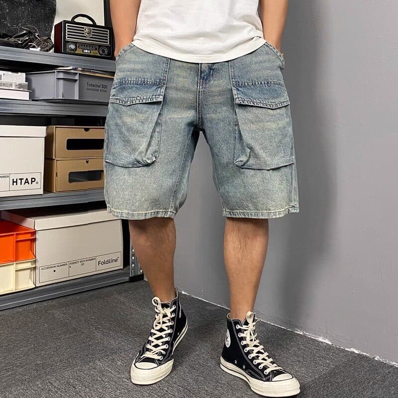 Men's Loose Fitting Wide Leg Cargo Denim Shorts Multi Pocket Casual Summer Style Trendy And Cool Plus Size Five Point Shorts