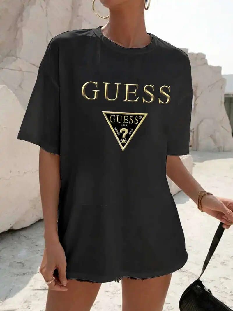 GUESS-2024 nouveau coton mode sens impression T-shirt à manches courtes femme été marée ample cent hauts