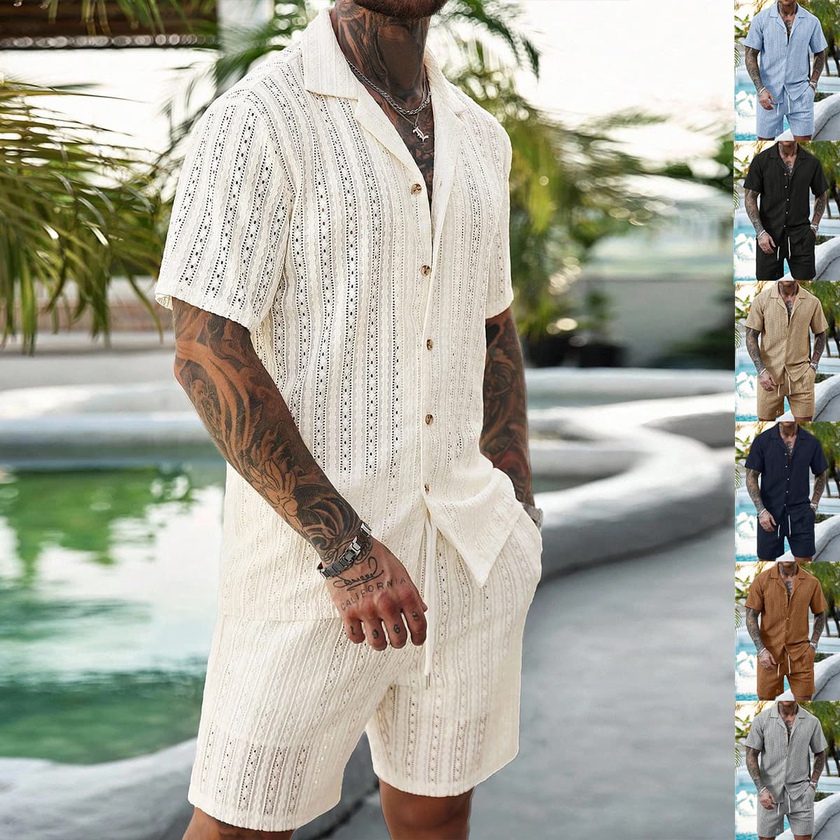 2026 New Cross-Border European And American Men's Clothing Hollow Breathable Short-Sleeve Shirt Drawstring Shorts