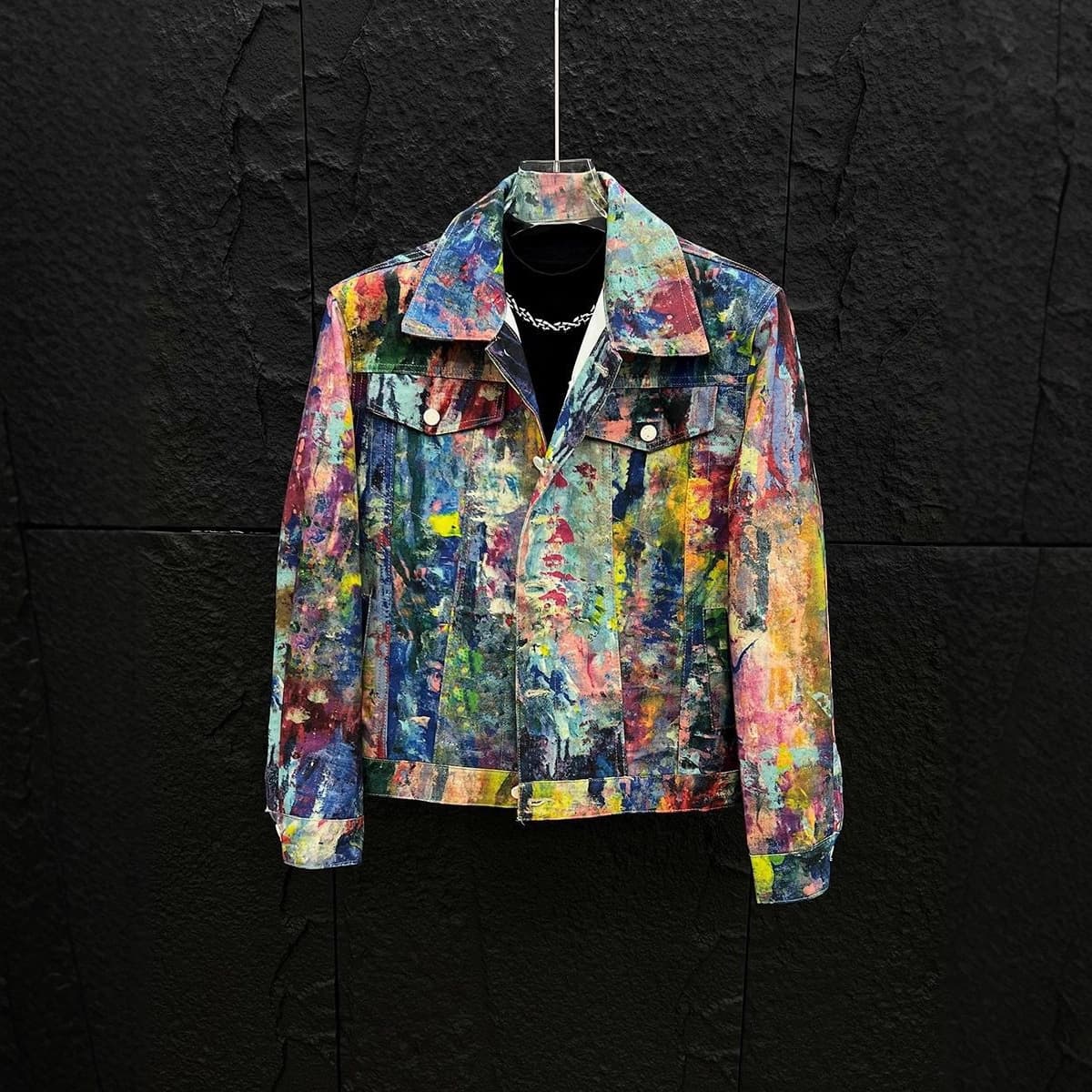 Men's Clothing Men's Painted Graffiti Denim Jacket Loose Fit Trendy Outerwear Versatile Top For Spring And Autumn Niche Luxury Style