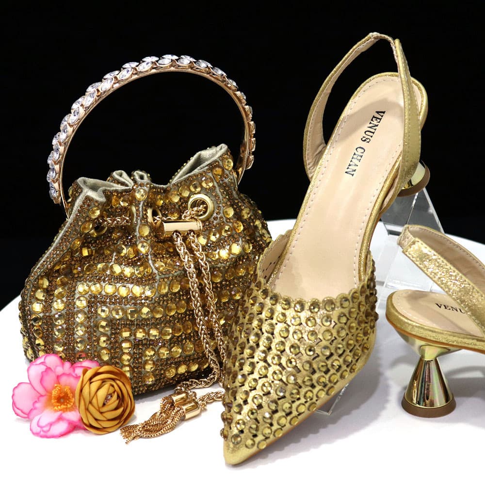 Colorful Stone Bucket Handheld Bag Matching Pointed Toe Women's Mid Heel Single Shoes Versatile Fashionable Ladies Footwear