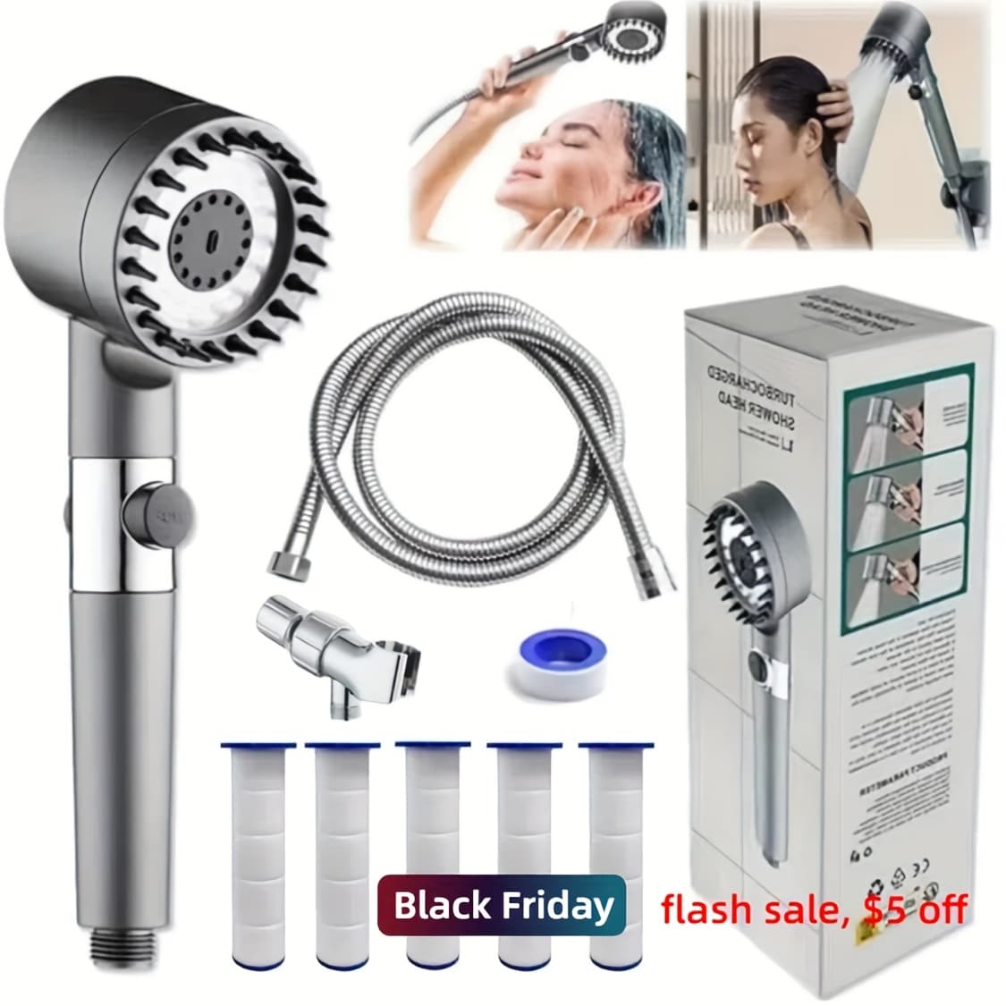 High Pressure Rainfall Shower Head Set 9pcs With Adjustable Spray Wall-Mounted Handheld Combo 59-Inch Hose Leakproof Design Plus 5 Filters