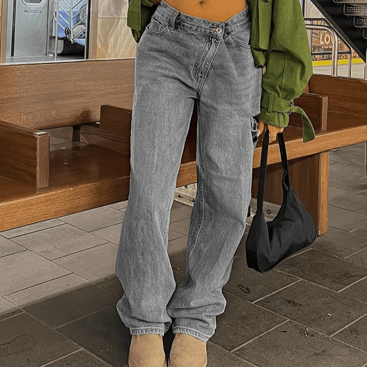 Women's Fashion Casual Fashionable Oblique Waist Low Waist Ripped Loose Jeans For Women