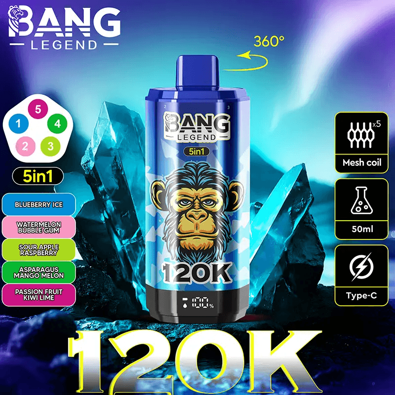 Lot de 2 cigarettes électroniques jetables Bang Legend 120 000 bouffées avec écran, saveurs fruitées et glacées.