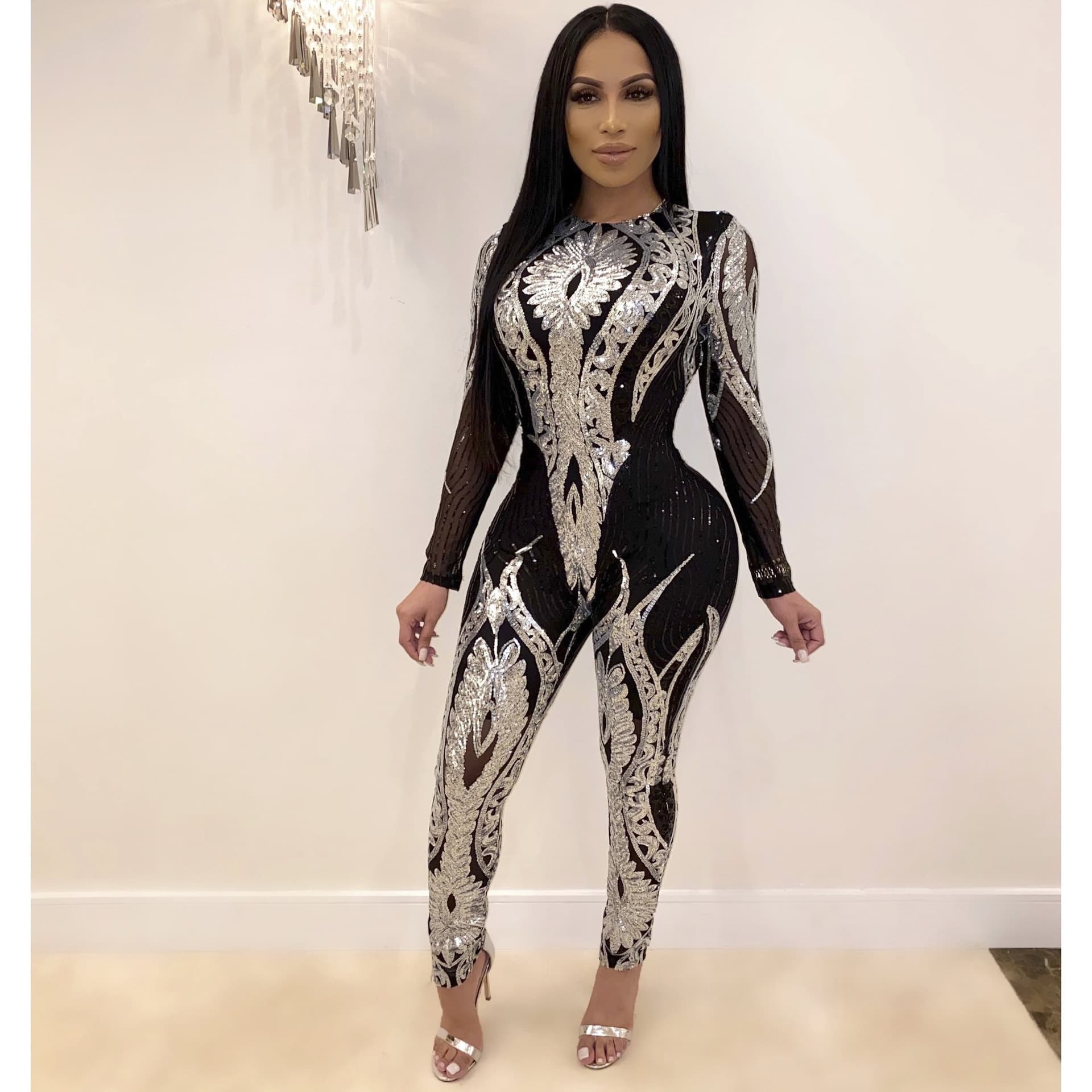 Women's Clothing Sequined High End Long Sleeved See Through Jumpsuit