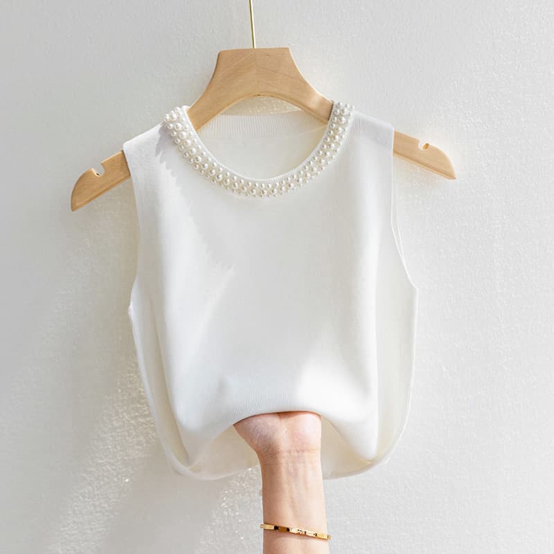Women's Clothing Women's White Sleeveless Camisole Top For Spring And Summer, Paired With A Suit, Beaded Chanel Style Knitted Top