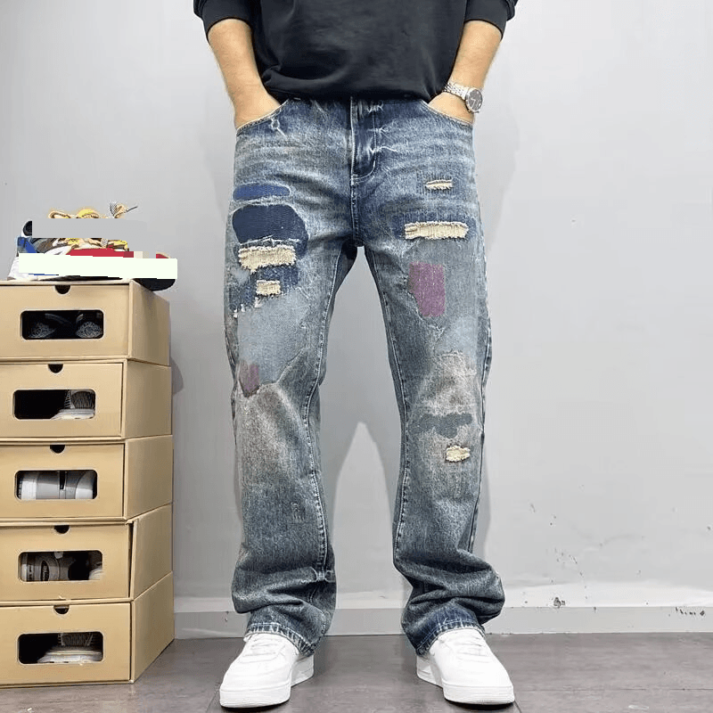 Men's Clothing High End Retro Ripped Jeans Men's Trendy Brand Personalized Scratched Patches Embroidered Slim Straight Pants Men's Spring And Autumn