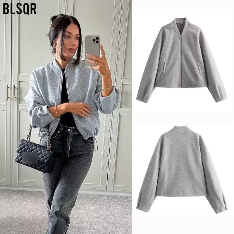 Women's Clothing Casual Loose-Fit Jacket With Stand Collar, Zipper Front, And Multiple Pockets – Stylish & Versatile Outerwear For Fall