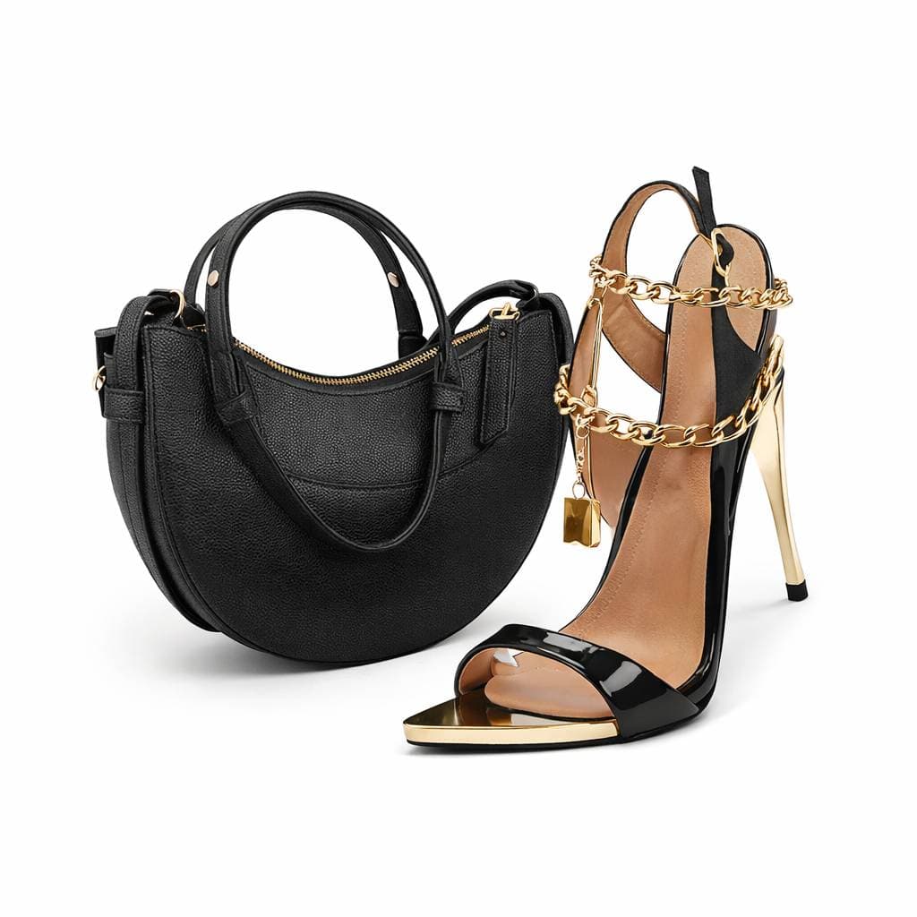 Women's Metal Chain Heels & Crescent Bag Set – Luxury Roman Sandals With Crossbody Purse (Matching Outfit)