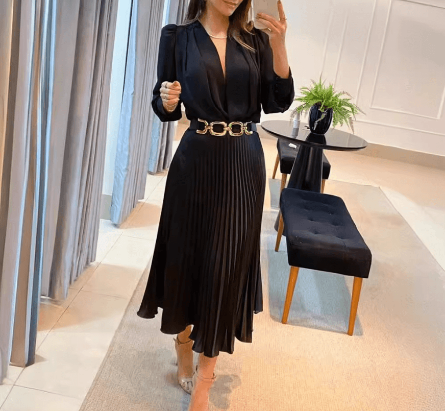 Women's Clothing Series Temperament Women's Black Satin Long Sleeve Deep V Waist Pleated Dress No Belt
