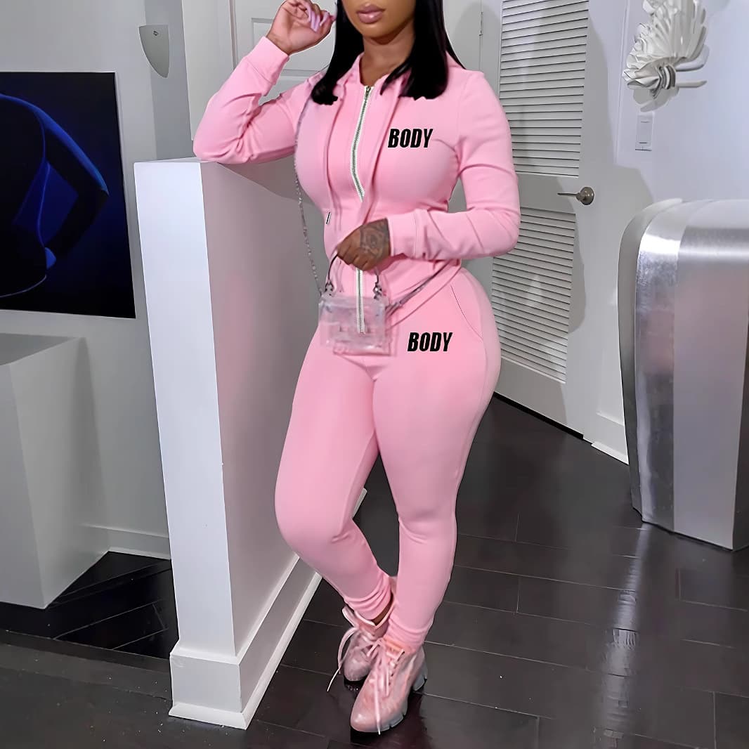 Women's Clothing Fashionable Printed & Solid Color Slim Fit Sporty Outfit Set - Long Sleeve T-Shirt & Pants With 3D Patterns (Black/Pink, S-XXL)