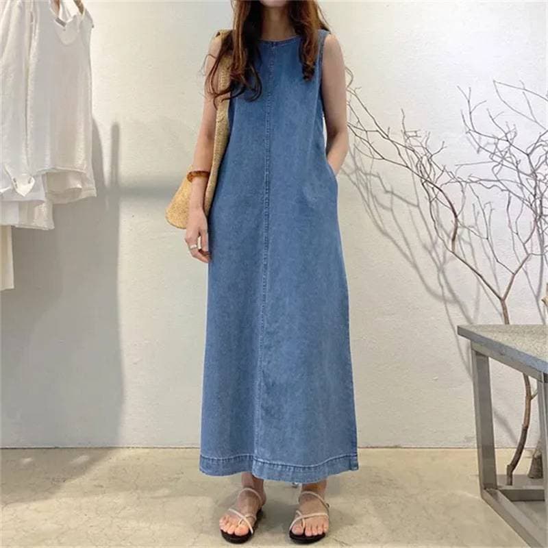 Fashionable long skirt round neck sleeveless pocket baggy long vest denim gown dress woman