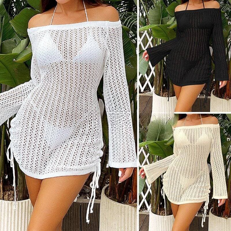 Women's Clothing Sexy Hollow Texture One Shoulder Fashionable Double Drawstring Sunscreen Woven Beach Blouse