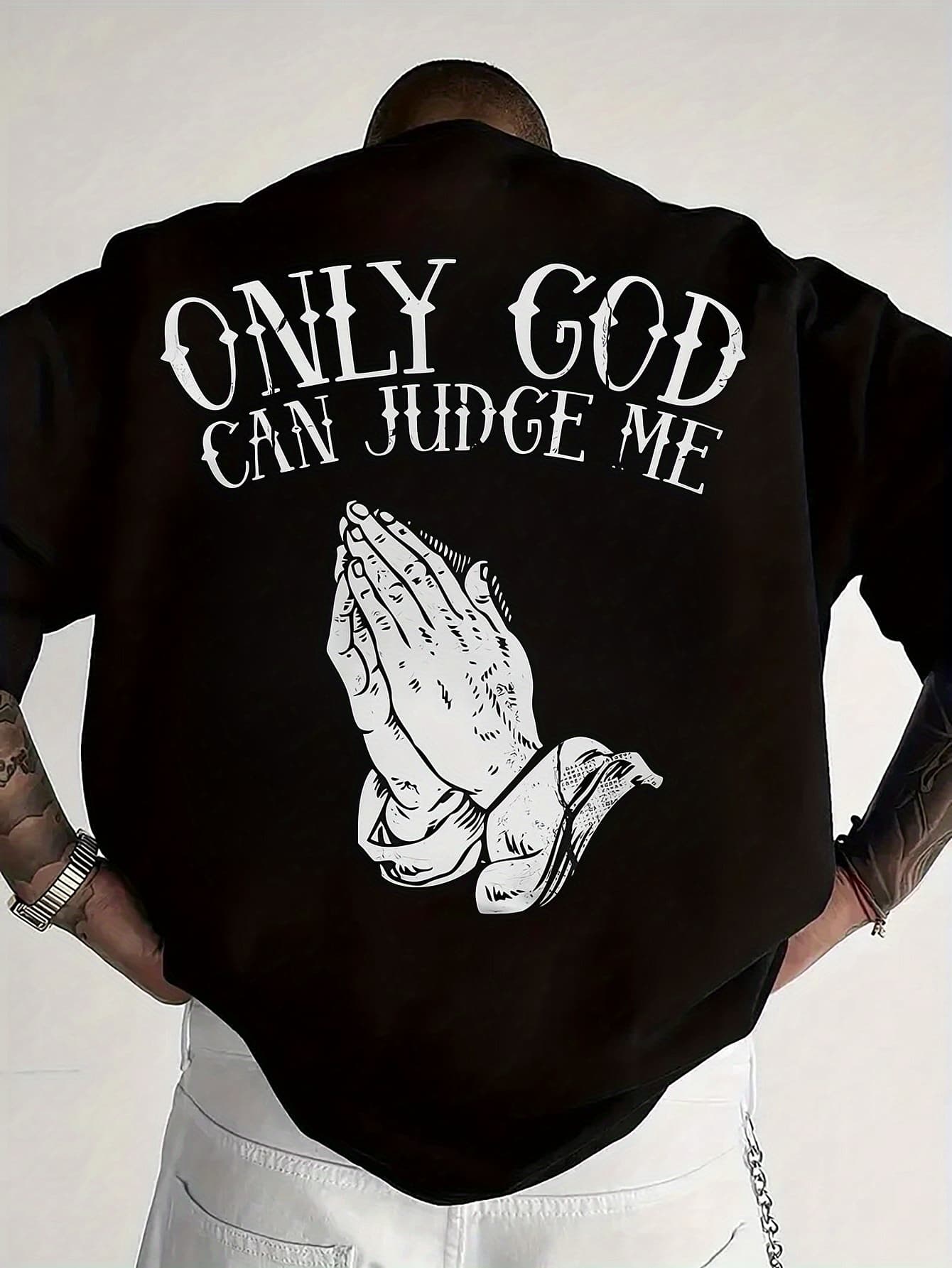 100% Pure Cotton Men's Spring/summer Fashionable Short Sleeved Shirt, ONLY GOD Prayer Gesture Print, Casual Slim Fit Versatile T-shirt Top