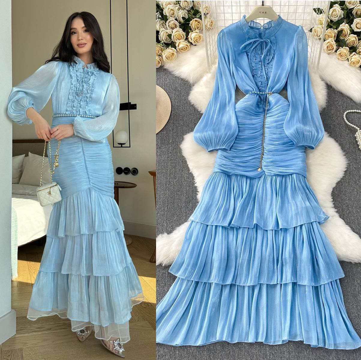 Women's French Style V Neck Dress Lace Openwork Floral Print Long Sleeve Waist Cinching Slimming A-Line Skirt For Spring Sophisticated Commuting