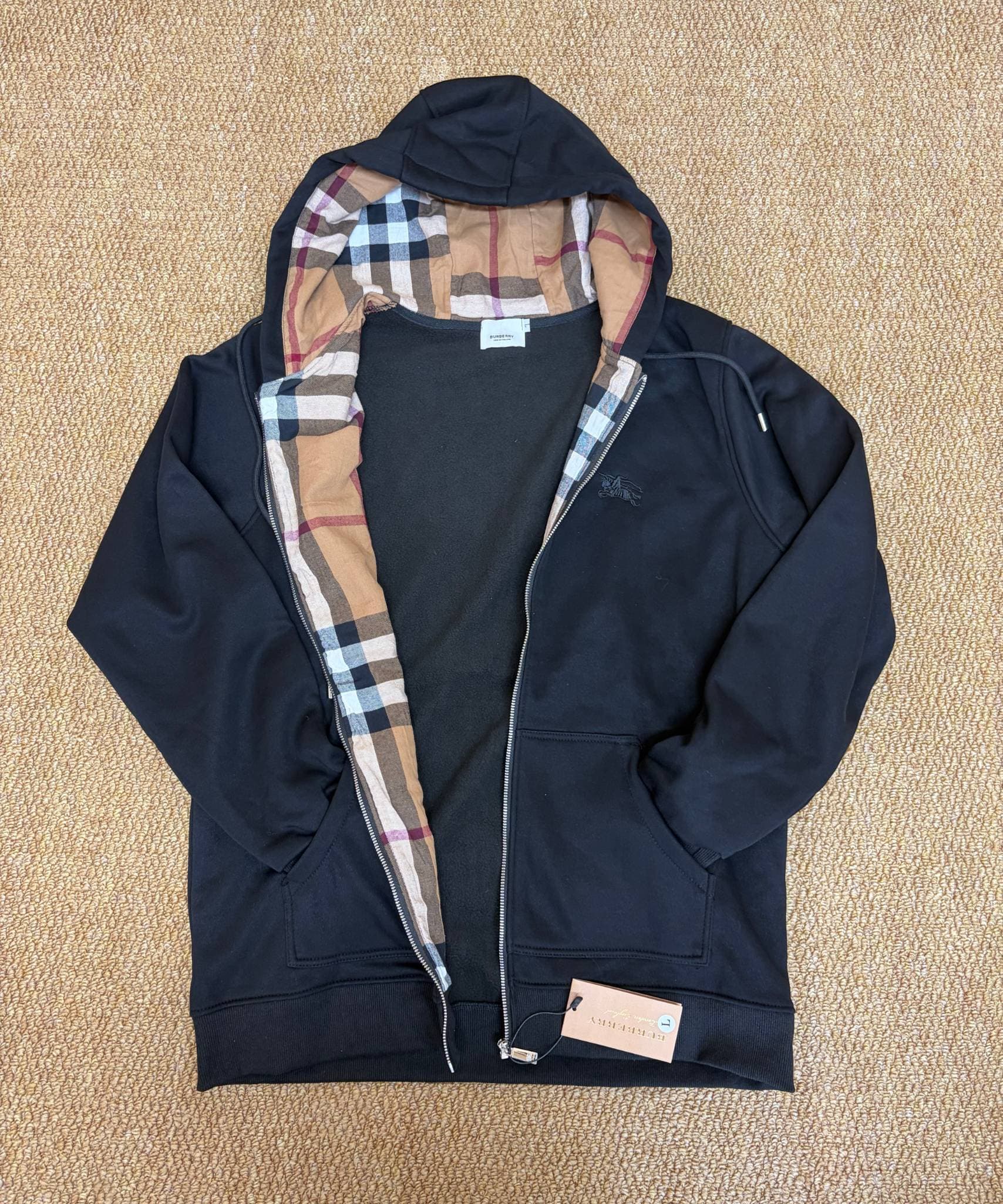 Sweat à capuche zippé Burbberry pour homme, doublé à carreaux, manches raglan, broderie.