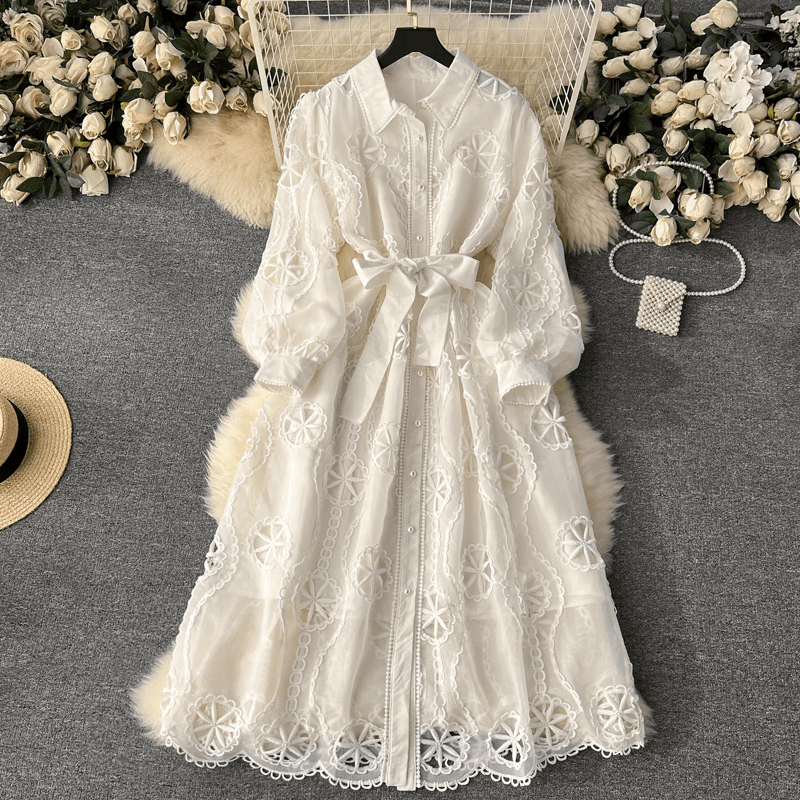 Women's Clothing Palace Style Dress For Women New Heavy Industry Embroidery Hollow Flower Breasted Slim Mid Length Puff Sleeve Dress