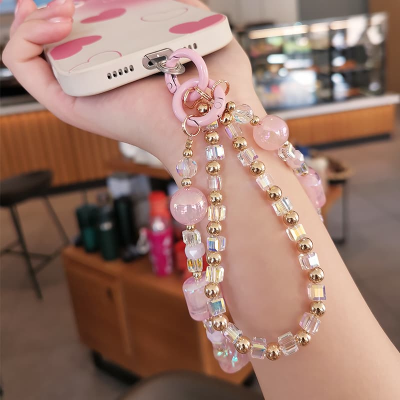 Mobile Phone Lanyard Short Handmad Wrist Bracelet Women's Clip Style Double Chain Crystal Beads Phone Case with Anti Loss Sling