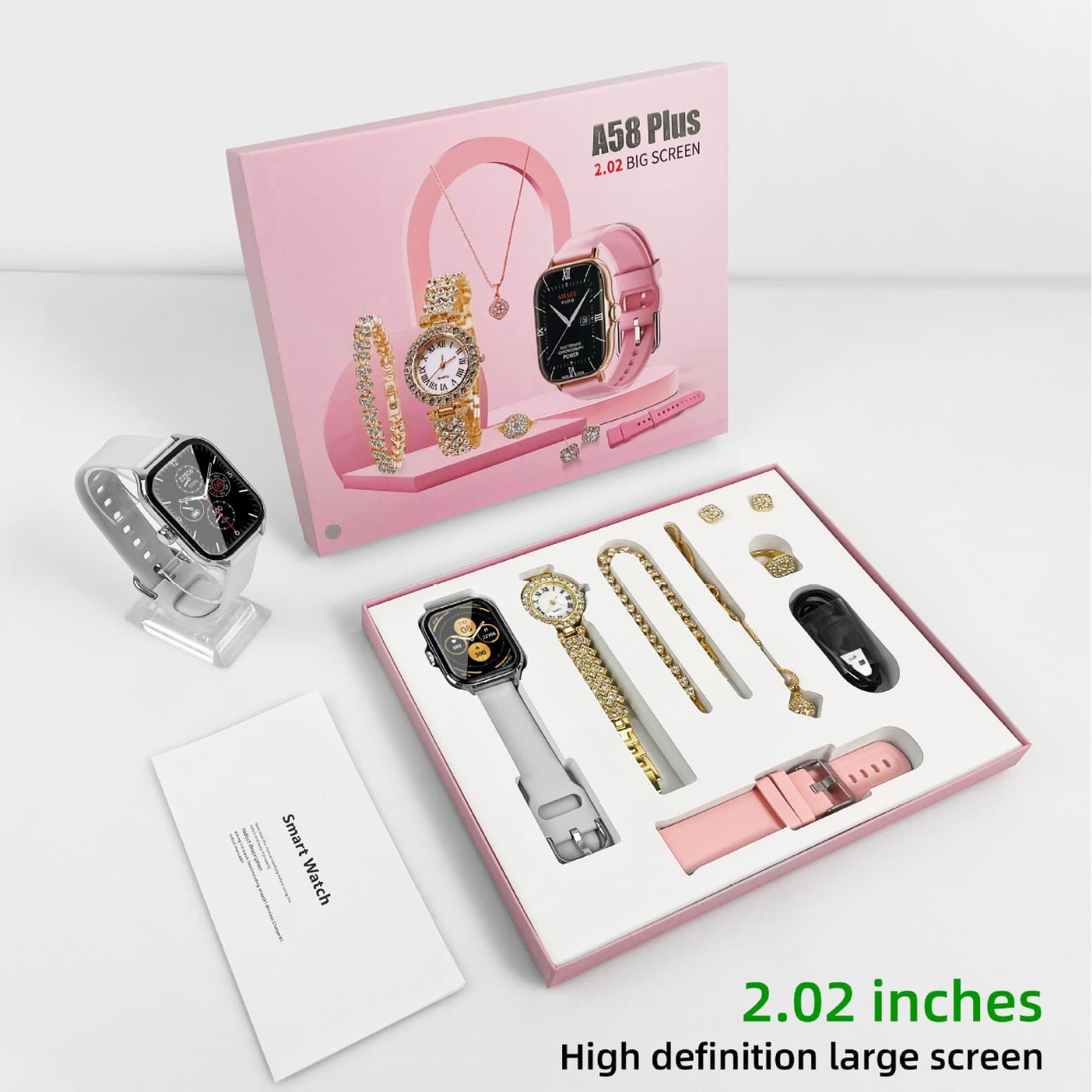 Smart Watches New A58 Plus Smartwatch With Bluetooth Calls, Hit, Full Diamond Small Gold Watch, Full Jewelry