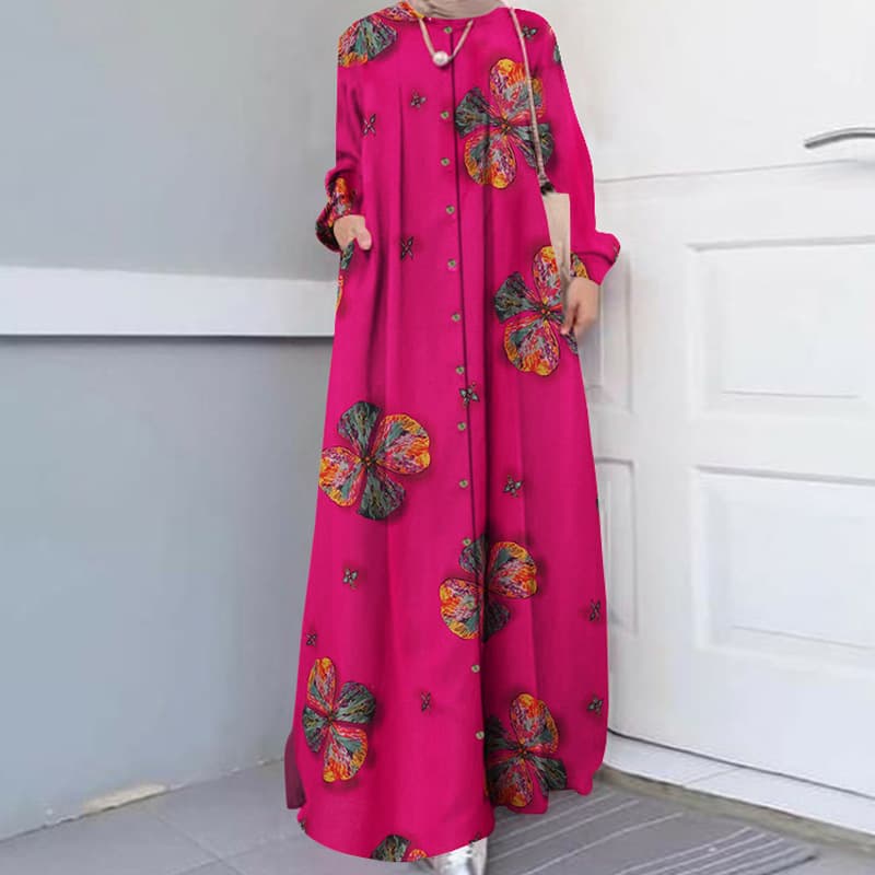 Women's cotton and linen printed shirts and clothes plus size women's casual retro long-sleeved robe dress