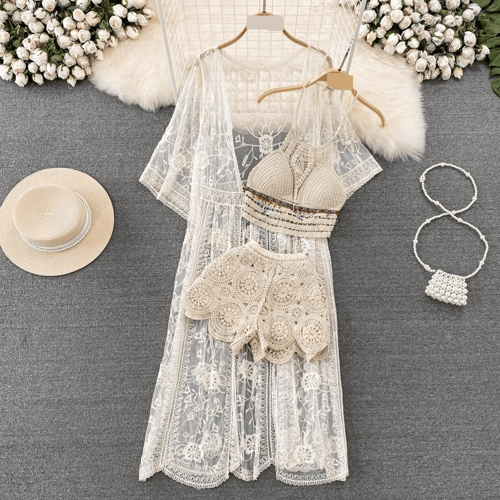 Women's Clothing Mid Length Sun Protection Cardigan Camisole Wide Leg Shorts Three Piece Suit