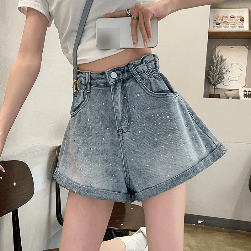 Diamond High Waist Wide Leg Denim Shorts Women's Summer New Loose Slim A Line Curled Elastic Waist Hot Pants