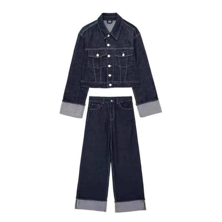 Women's INS Denim Jacket And Flared Cuffed Pants Set